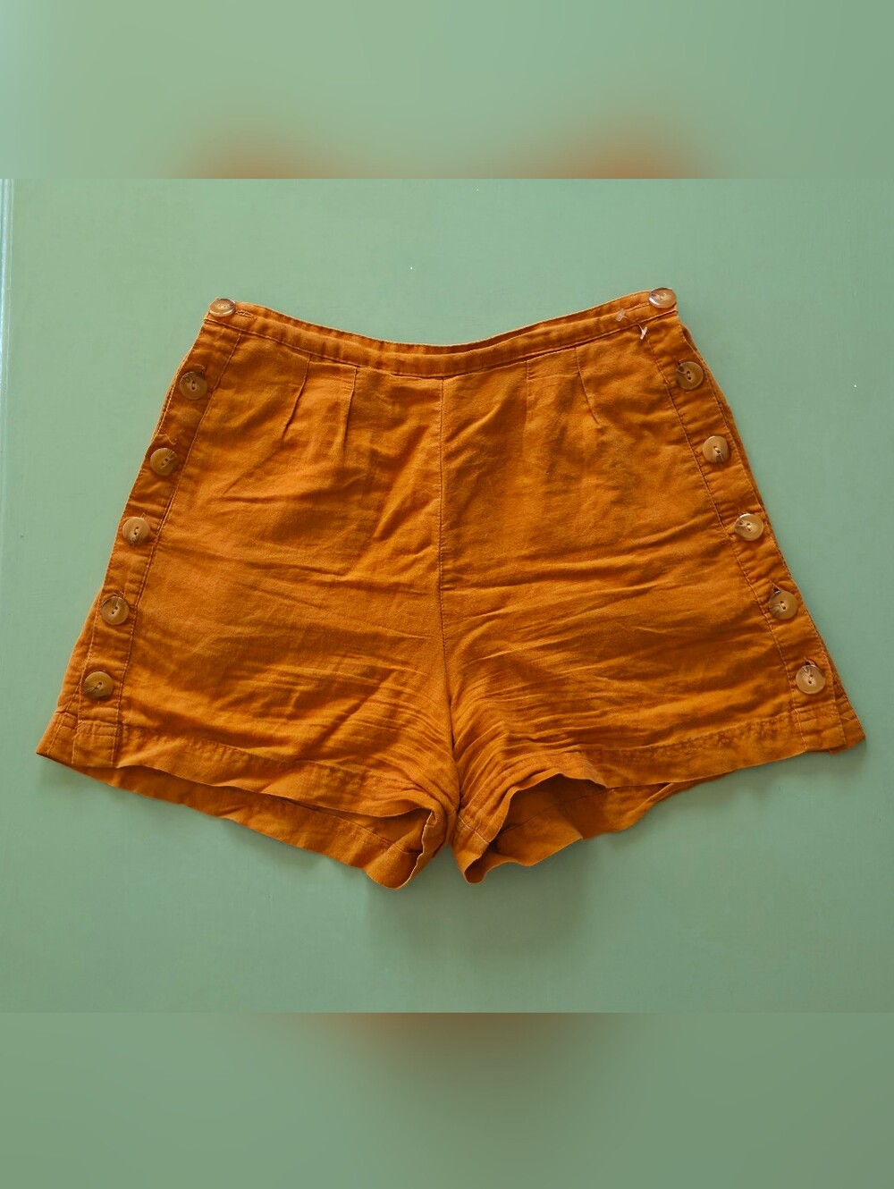 Kimchi Blue High-Waisted Button Side Linen Cotton Shorts Terracotta Ginger